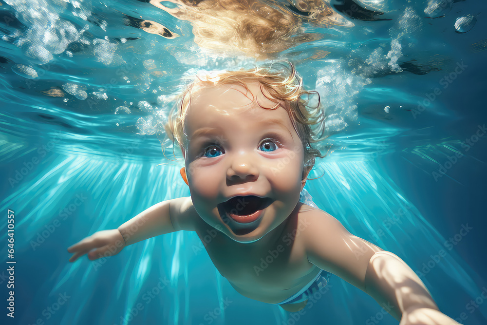 Cute little baby swimming underwater in the pool, smiling at the camera. Underwater kid portrait in motion.
