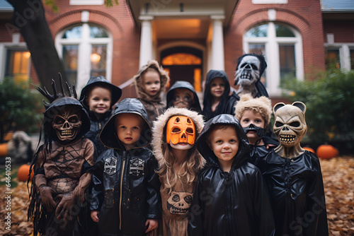 Group of children in costumes during Halloween party near modern house.