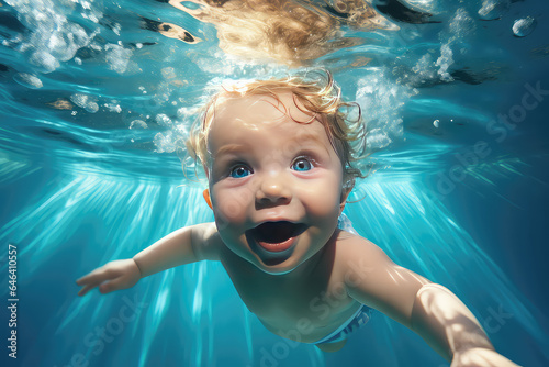 Cute little baby swimming underwater in the pool, smiling at the camera. Underwater kid portrait in motion.  © dinastya