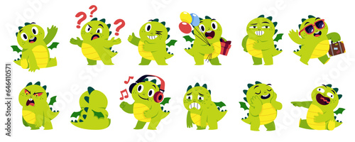 Cute cartoon dragon mascot. Kids dino character, baby fairy mythological animal, various emotions and poses, little kawaii creature, chinese mythology creature. Childish toy, tidy vector set