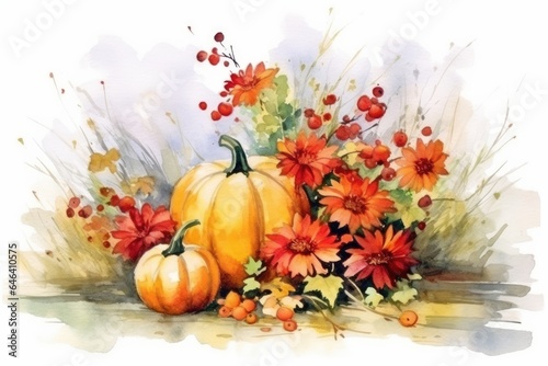 Colorful autumn illustration of pumpkins and red flowers. Watercolor illustration. Generative AI