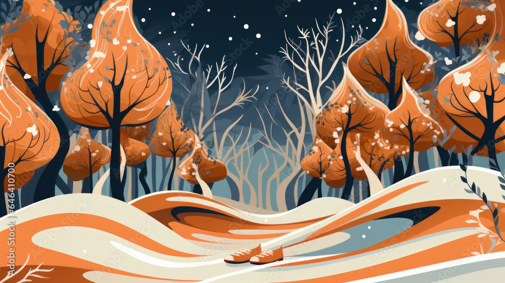 Illustration of a winter forest with trees and snowflakes. Ai Generative. Illustration of a winter forest with trees and snowflakes. Ai Generative.