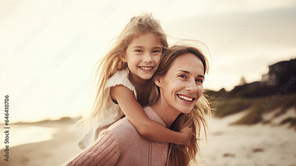 Happy mother giving daughter piggyback ride at sandy beach. Happy family day on the seashore. Summer fun.
Happy mother giving daughter piggyback ride at sandy beach. Happy family day on the seashore. Summer fun.