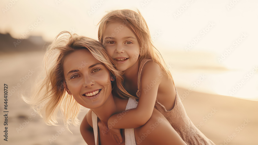 Happy mother giving daughter piggyback ride at sandy beach. Happy family day on the seashore. Summer fun.
Happy mother giving daughter piggyback ride at sandy beach. Happy family day on the seashore. Summer fun.