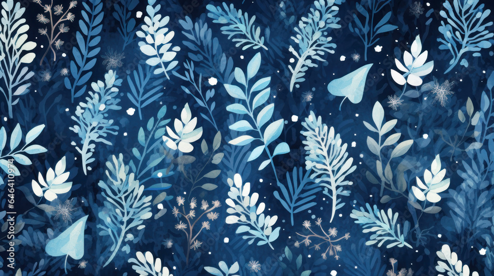 Watercolor winter background with blue leaves and snowflakes. AI generative.