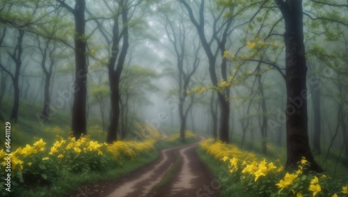 A dark beautiful forest in fog with gareen and yellow flowers