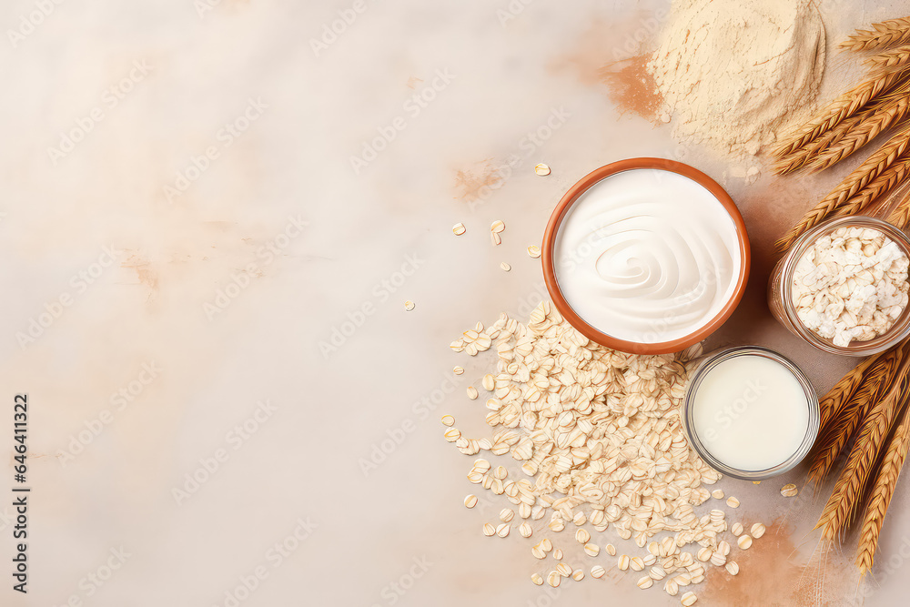 Top view of Oat milk, flour, dry flakes and whole grains, banner template with copy space.
Top view of Oat milk, flour, dry flakes and whole grains, banner template with copy space.