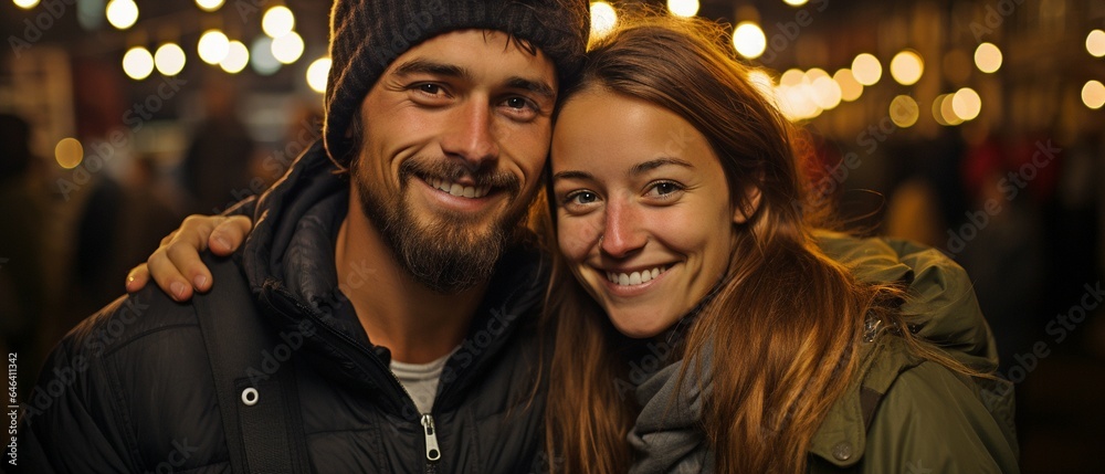 On the night port background, a young man and a gorgeous girl. On the night port background, a young man and a gorgeous girl.