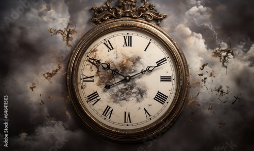 Antique style roman wall clock with smoke splash background, Generative Ai