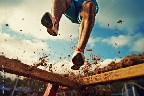 close up hurdler\'s legs jumping over barrier or obstacle in motion