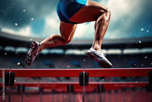 close up hurdler\'s legs jumping over barrier or obstacle in motion