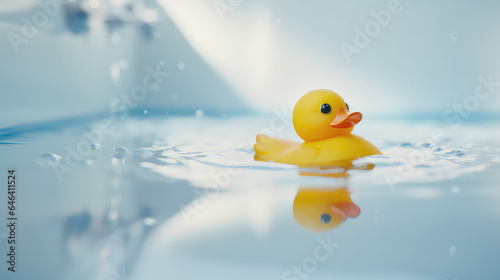Yellow rubber toy duck floating on the water of the bathtub, calm clear water surface, light color bathroom background.
 photo