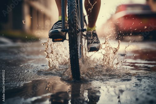 close up of cyclist legs on bike passing through water