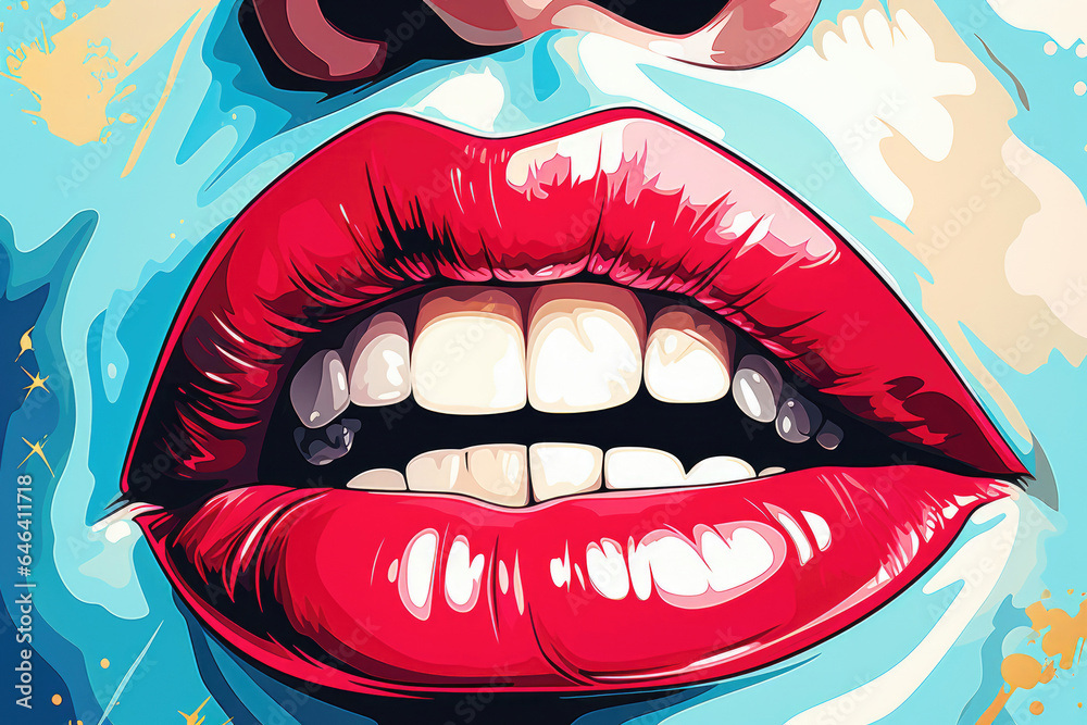 Fototapeta premium A striking pop art retro depiction of a woman's mouth with radiant red lips and bright white teeth set against a vintage background