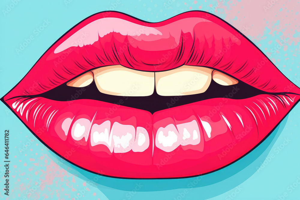 A striking pop art retro depiction of a woman's mouth with radiant red lips and bright white teeth set against a vintage background