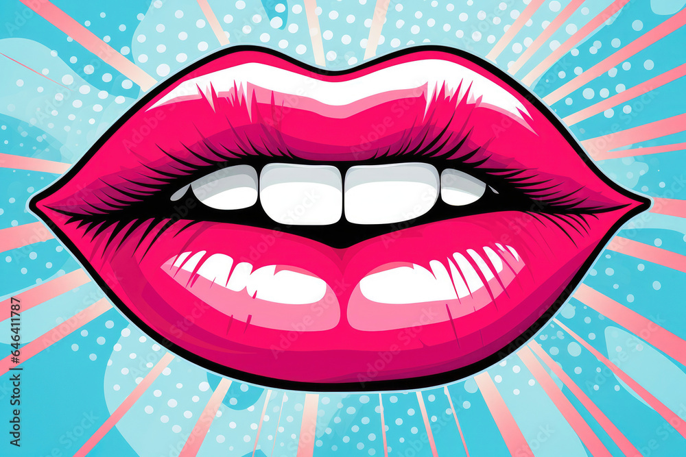 A striking pop art retro depiction of a woman's mouth with radiant red lips and bright white teeth set against a vintage background A striking pop art retro depiction of a woman's mouth with radiant red lips and bright white teeth set against a vintage background