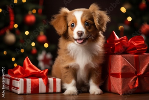 Photo of a cute dog next to a pile of presents created with Generative AI technology