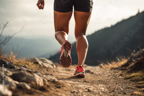 close up view of a marathon runner legs running on a hilly terrain, blurred mountains background © gankevstock