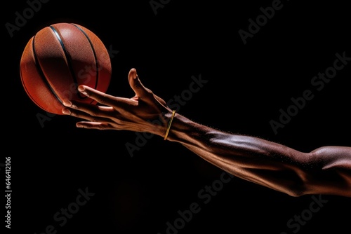 close up view of african american basketball player man hand and ball on black dark background. blank space for text