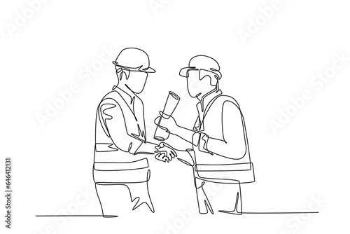 Single one line drawing architect holding on roll paper, builder foreman wearing construction vest and helmet handshake to deal project. Great teamwork. Continuous line draw design vector illustration