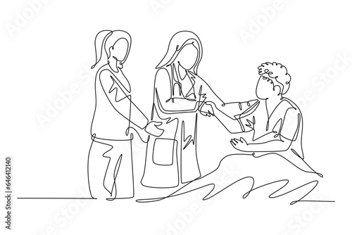 Continuous one line drawing pretty female doctor and nurse visit a patient who laying on bed in hospital and handshaking him to ask the condition. Single line draw design vector graphic illustration
