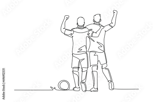 Single one line drawing active two football player hugging, walking together to celebrate, show sportsmanship. Respect in soccer sport. Modern continuous line draw design graphic vector illustration