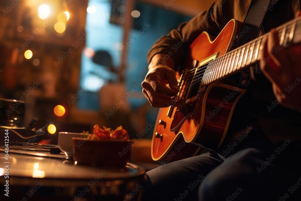 Fototapeta premium close-up view of musician's hands playing guitar