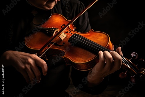 close-up view of musician hands playing violin