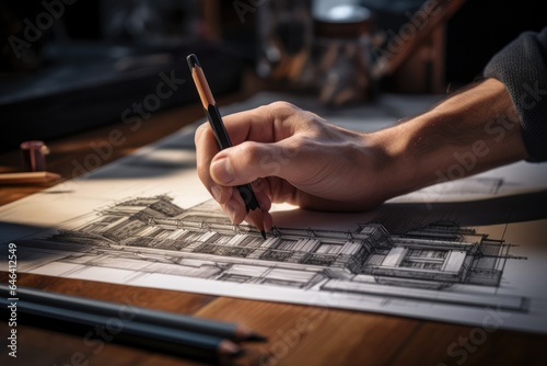 Architect’s Hand Holding a Pencil and Sketching a Building Blueprint