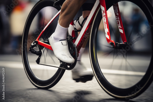 Close-Up View of the Cyclist’s Foot on the Brakes Before the Finish Line