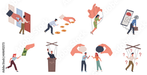 Manipulation people. Puppets persons, managing ways, humans control, puppeteer hands, influencing over marionettes. Freedom and independence. cartoon flat isolated nowaday vector set