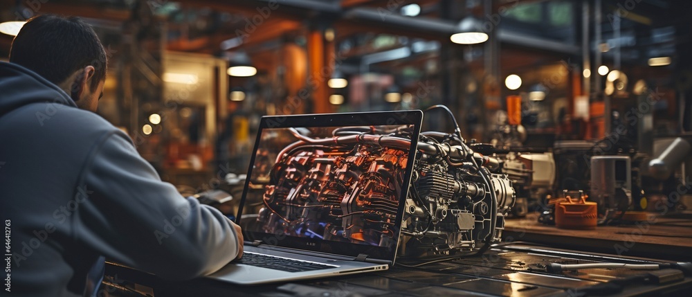 laptop in the hands of a female mechanic.