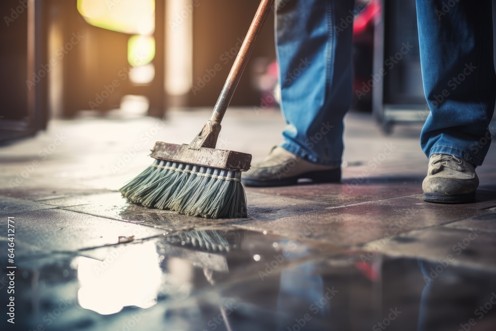 Janitor Cleaning and Sweeping Wet Floor with Broom and Mop. Close Up of
