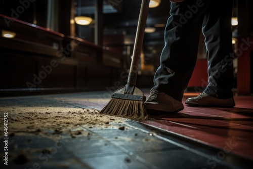 Janitor Cleaning and Sweeping Wet Floor with Broom and Mop. Close Up of Mopping Process Concept © gankevstock