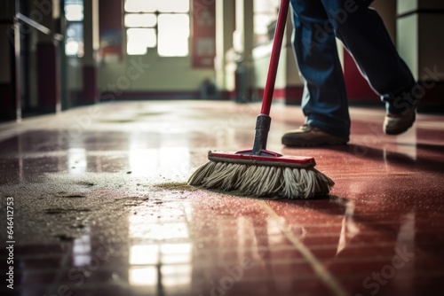 Janitor Cleaning and Sweeping Wet Floor with Broom and Mop. Close Up of Mopping Process Concept