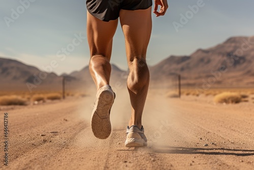 runner legs running on gravel surface and sand on hot sunny summer day, blurred mountains background