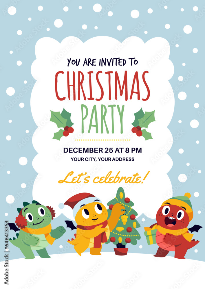 New year funny dragons. 2024 holiday symbol, cute animals, mythological creatures in santa hats decorate christmas tree, chinese new year poster, invitation and greeting, tidy vector concept New year funny dragons. 2024 holiday symbol, cute animals, mythological creatures in santa hats decorate christmas tree, chinese new year poster, invitation and greeting, tidy vector concept