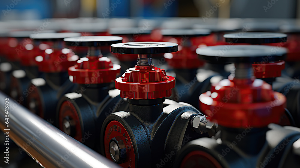 Red-handled valves positioned along a line. - obrazy, fototapety, plakaty 