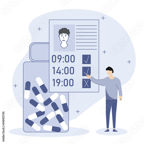 Medical illustration.The doctor prescribes treatment and reminds about the importance of taking pills on time and regularly.Concept of taking pills.Vector illustration.