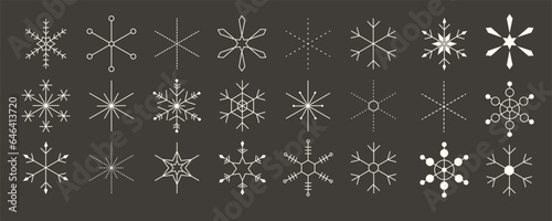 Modern minimalist Christmas background with simple geometric snowflake patterns. Vintage Xmas flake and star icon collection. Vector illustration isolated on black background