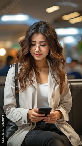 Asian female traveller in casual attire using a smart phone.