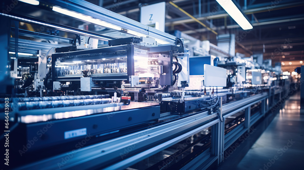 An industrial technology factory features a linear assembly line, highlighting the essence of the production process.