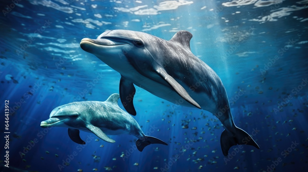 Obraz premium dolphins swimming in the blue ocean , Dolphins inhabiting Mikurajima in Tokyo