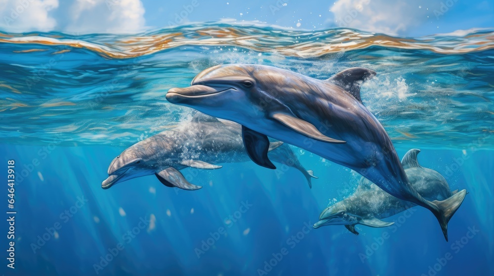 Obraz premium dolphins swimming in the blue ocean , Dolphins inhabiting Mikurajima in Tokyo