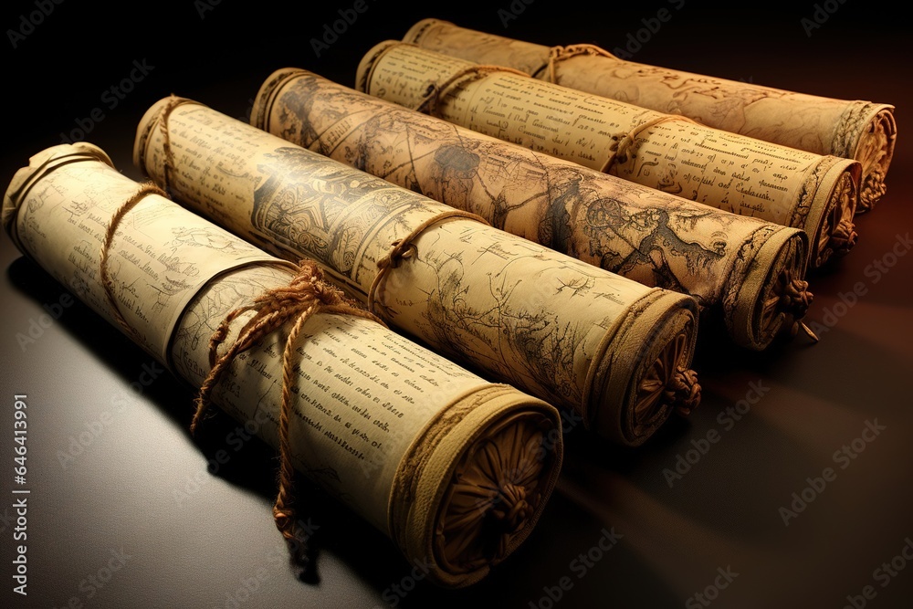 Close-up shot of old scrolls