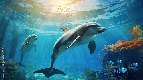 dolphins swimming in the blue ocean   Dolphins inhabiting Mikurajima in Tokyo