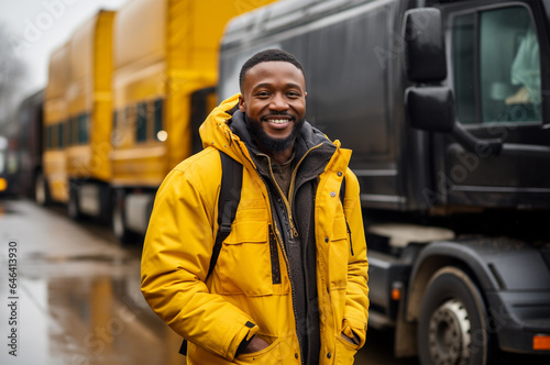 Portrait of smiling delivery man standing in front of truck on road