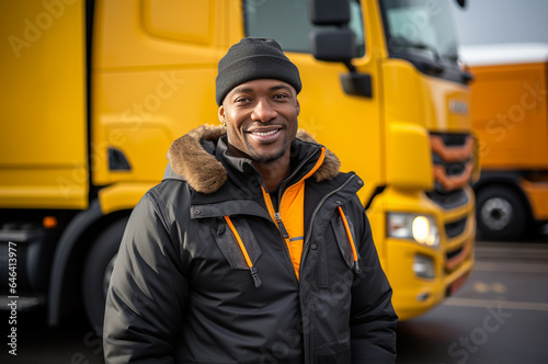 Portrait of smiling delivery man standing in front of truck on road