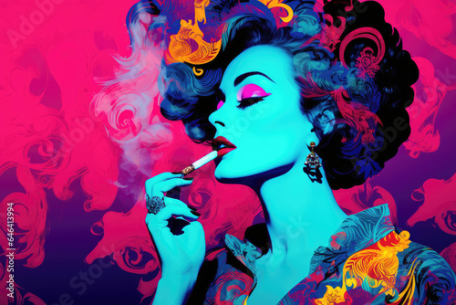 A glamorous woman stylishly smoking a cigarette, showcased against a dynamic pop art patterned background of contrasting magenta and azure hues. © Sascha