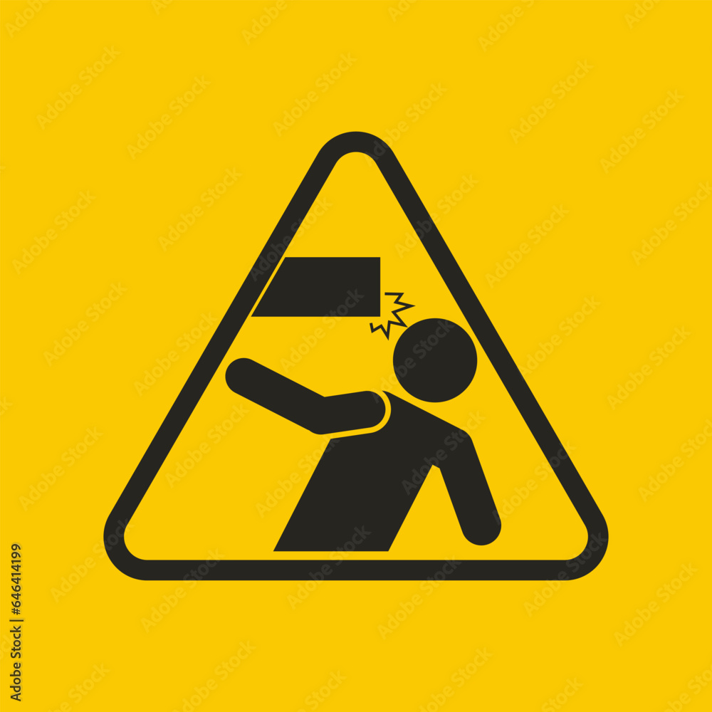 Isolated pictogram icon triangle safety sign mind your head, low up ceiling caution, head lowering instruction, drop hazard with illustration man walking with head hit low ceiling Isolated pictogram icon triangle safety sign mind your head, low up ceiling caution, head lowering instruction, drop hazard with illustration man walking with head hit low ceiling